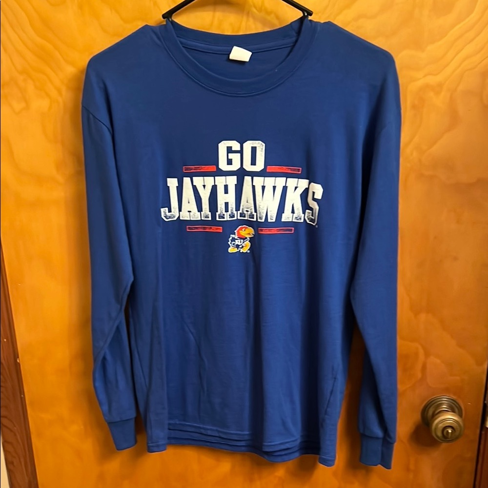 Hanes Blue KU Go Jayhawks Long Sleeve Shirt University of Kansas Sz Teen Large